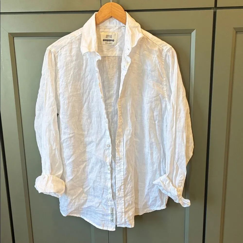 Greece Hellas Bigbang Linen Women’s White Casual Button Down Shirt